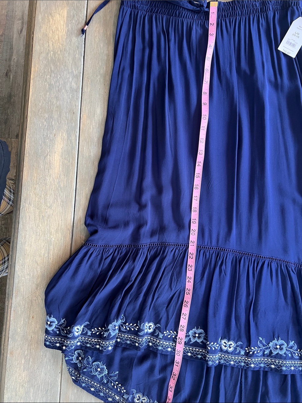 Time and Tru Navy Maxi Skirt with White and Blue Floral Embroidered Hem - Picture 8 of 14